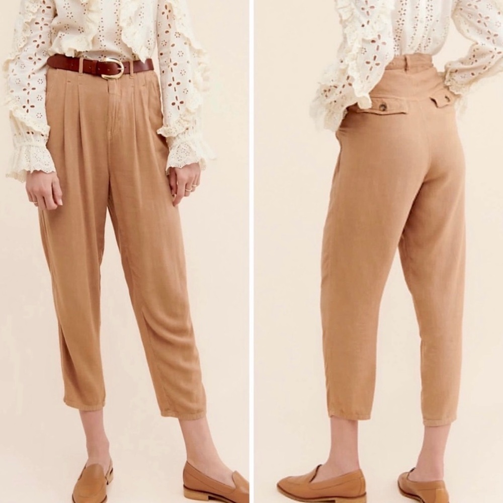 Free People Faded Love High Rise Linen Blend Trouser Pants - Tan Size 27